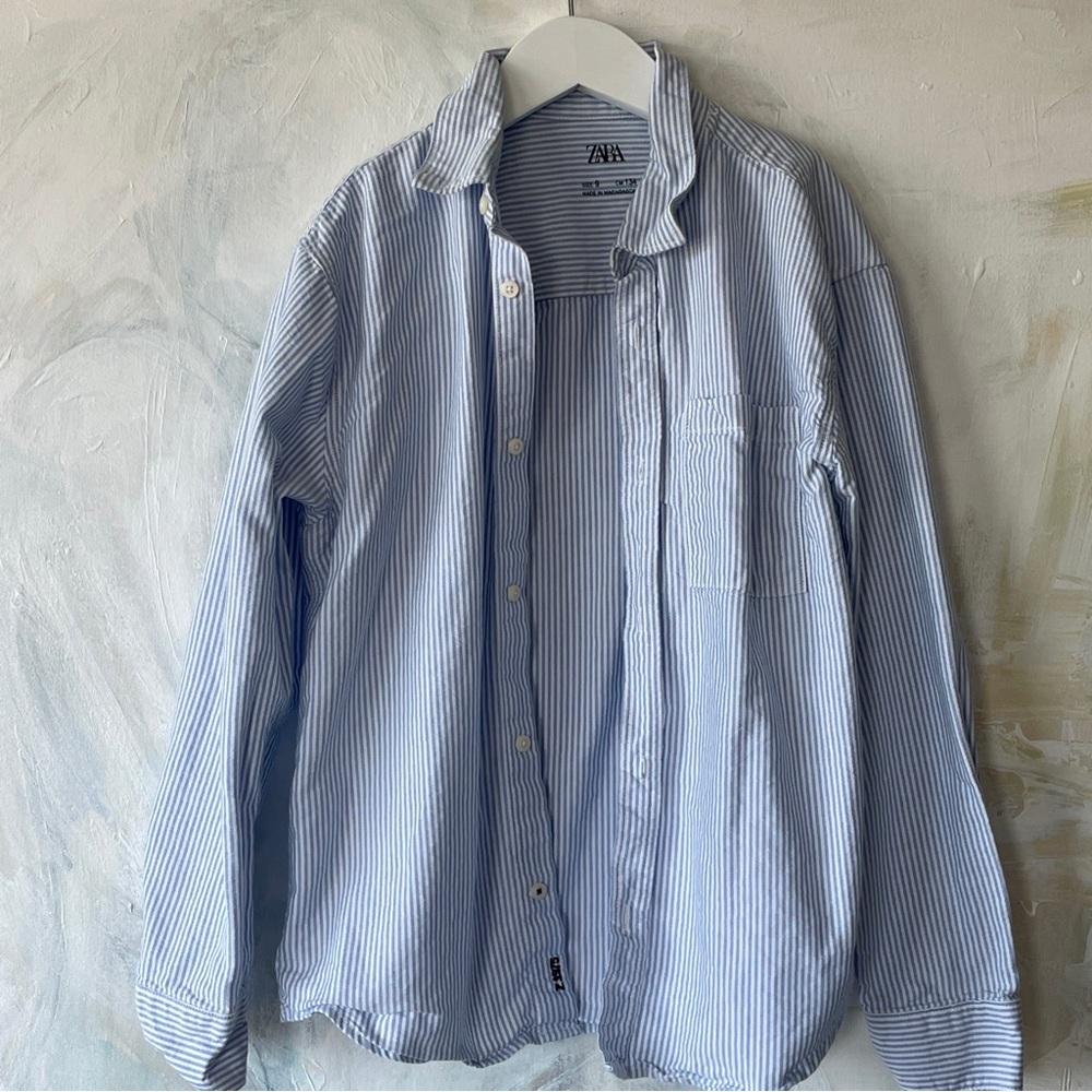 ZARA Boys dress shirt Striped Blue & White button up long sleeve Kids Fashion